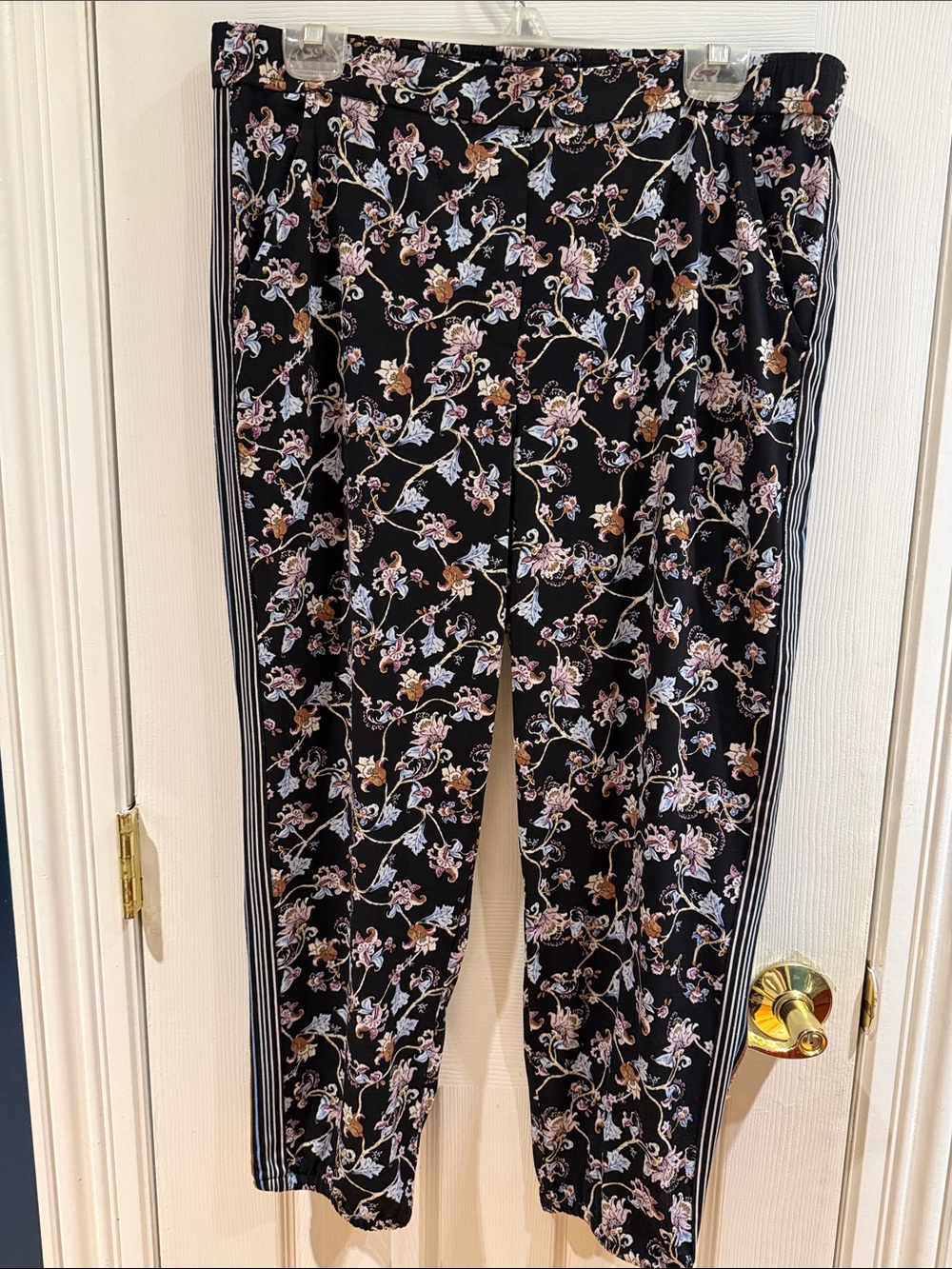 White House Black Market Black Floral Track Pants with Side Stripes